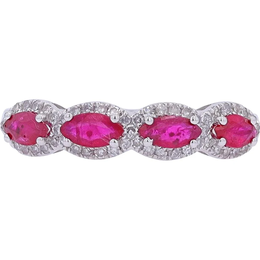 14K White Gold Ruby & Diamond Band with Marquise - Shaped Rubies and 0.25 Carat Total Diamond Weight