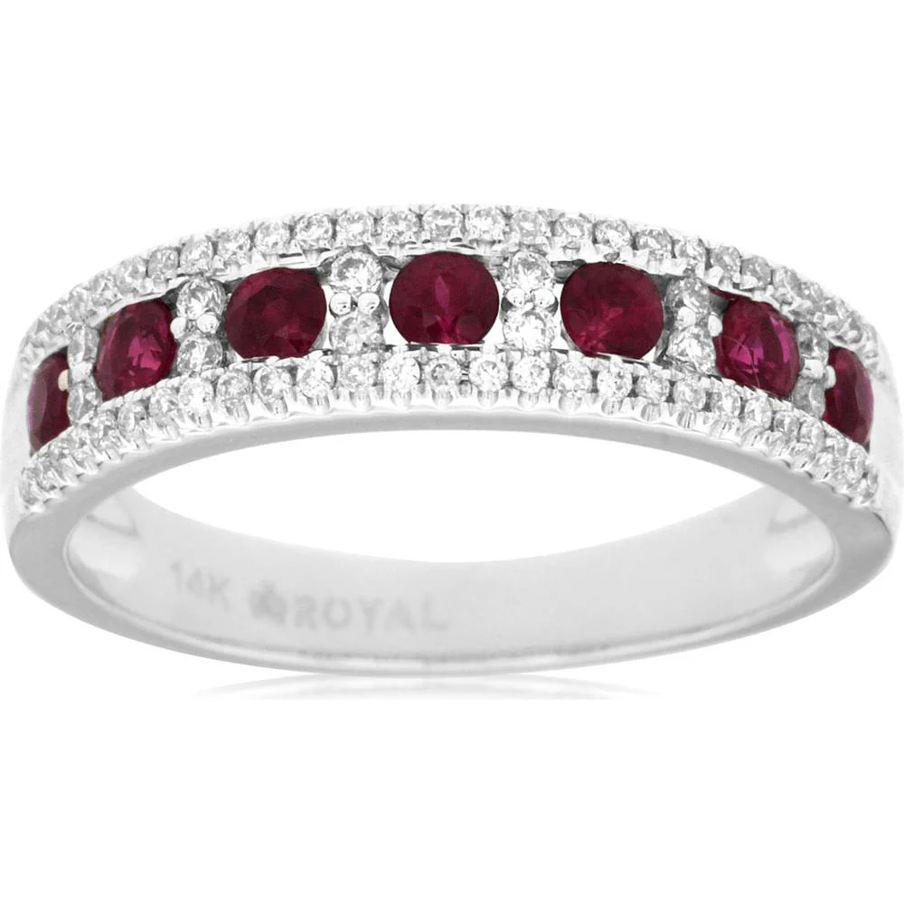 14K White Gold Ruby and Diamond Band with Round Cut Rubies and Prong Set Diamonds - 0.60 Carat Ruby Total Weight and 0.26 Carat Diamond Total Weight - Royal Jewelry