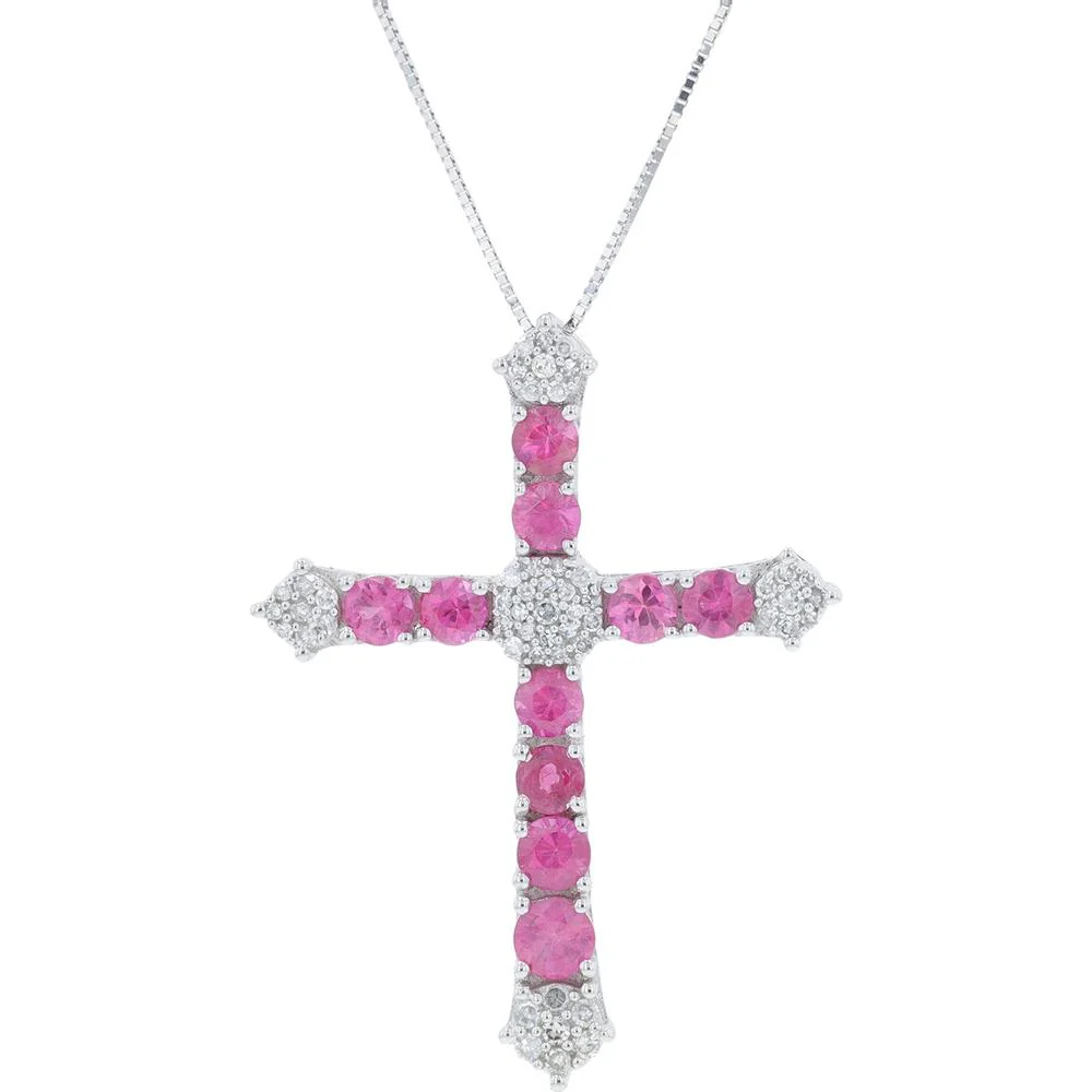 14K White Gold Ruby and Diamond Cross Pendant - 1.25 Carat Ruby, 0.17 Carat Diamond Total Weight