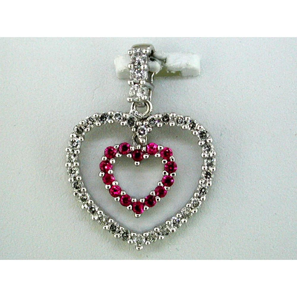 14K White Gold Ruby & Diamond Double Heart Pendant with Round Rubies 0.15 Carats and Round Diamonds 0.38 Carats Total Weight - Royal Jewelry