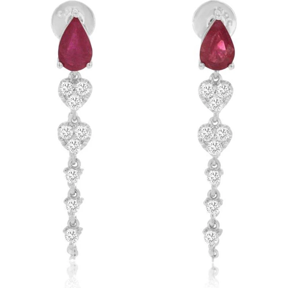 14K White Gold Ruby and Diamond Drop Earrings with Pear-Shaped Rubies and Heart-Shaped Diamond Clusters - 0.90 Carat Ruby Total, 0.35 Carat Diamond Total - Royal Jewelry