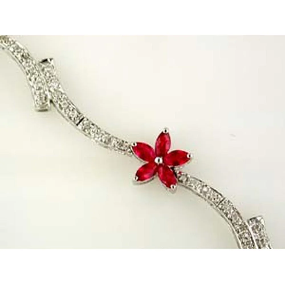 14K White Gold Ruby & Diamond Flower Bracelet - 2.15 Carats Total Ruby Weight, 0.35 Carats Total Diamond Weight - Royal Jewelry