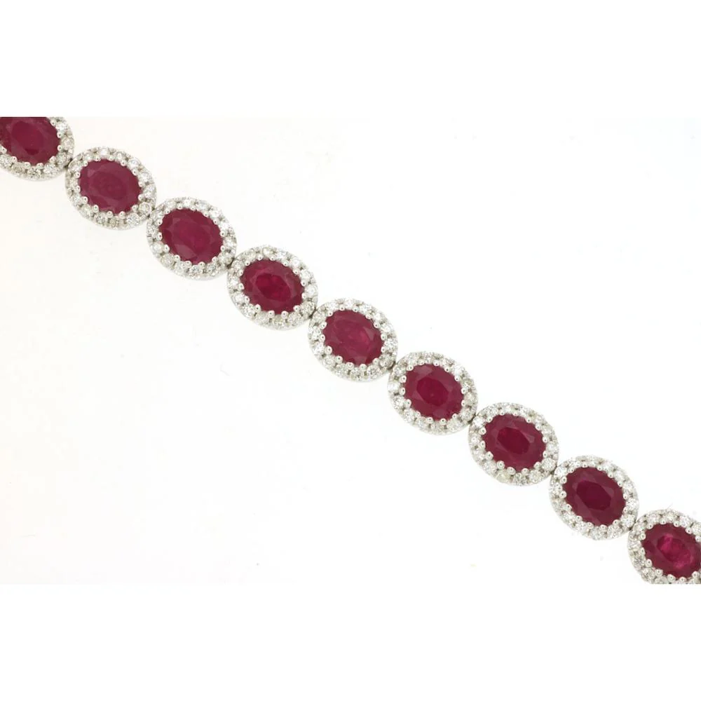 14K White Gold Ruby and Diamond Halo Bracelet with Emerald-Cut Rubies (6.45ct) and Round Diamonds (1.20ct) - Royal Jewelry