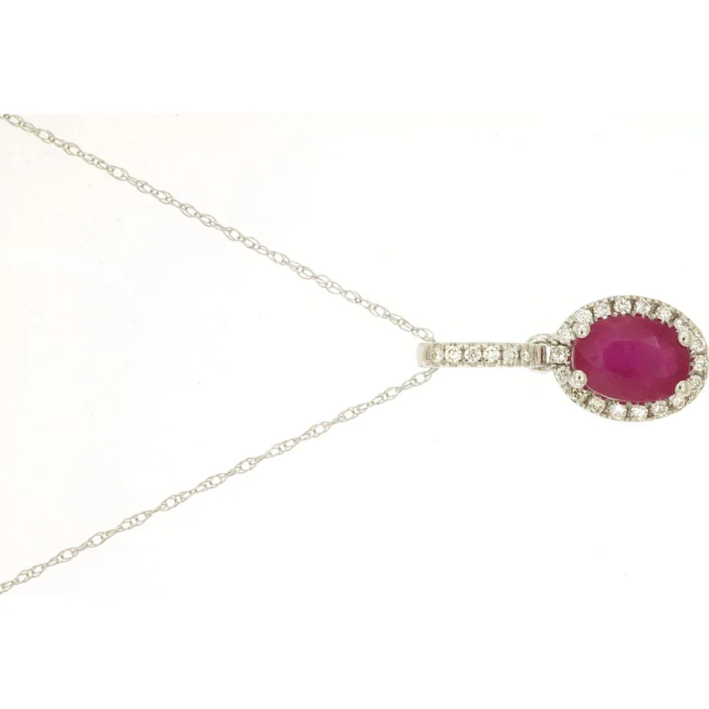 14K White Gold Ruby & Diamond Halo Pendant - 0.90 Carats Ruby, 0.12 Carats Diamond Total Weight - Royal Jewelry