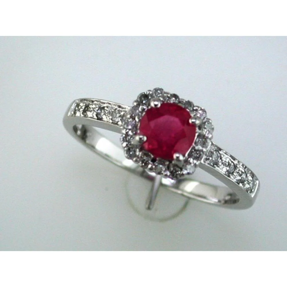 14K White Gold Ruby and Diamond Halo Ring - 0.50 Carats Ruby, 0.20 Carats Total Diamond Weight - Royal Jewelry