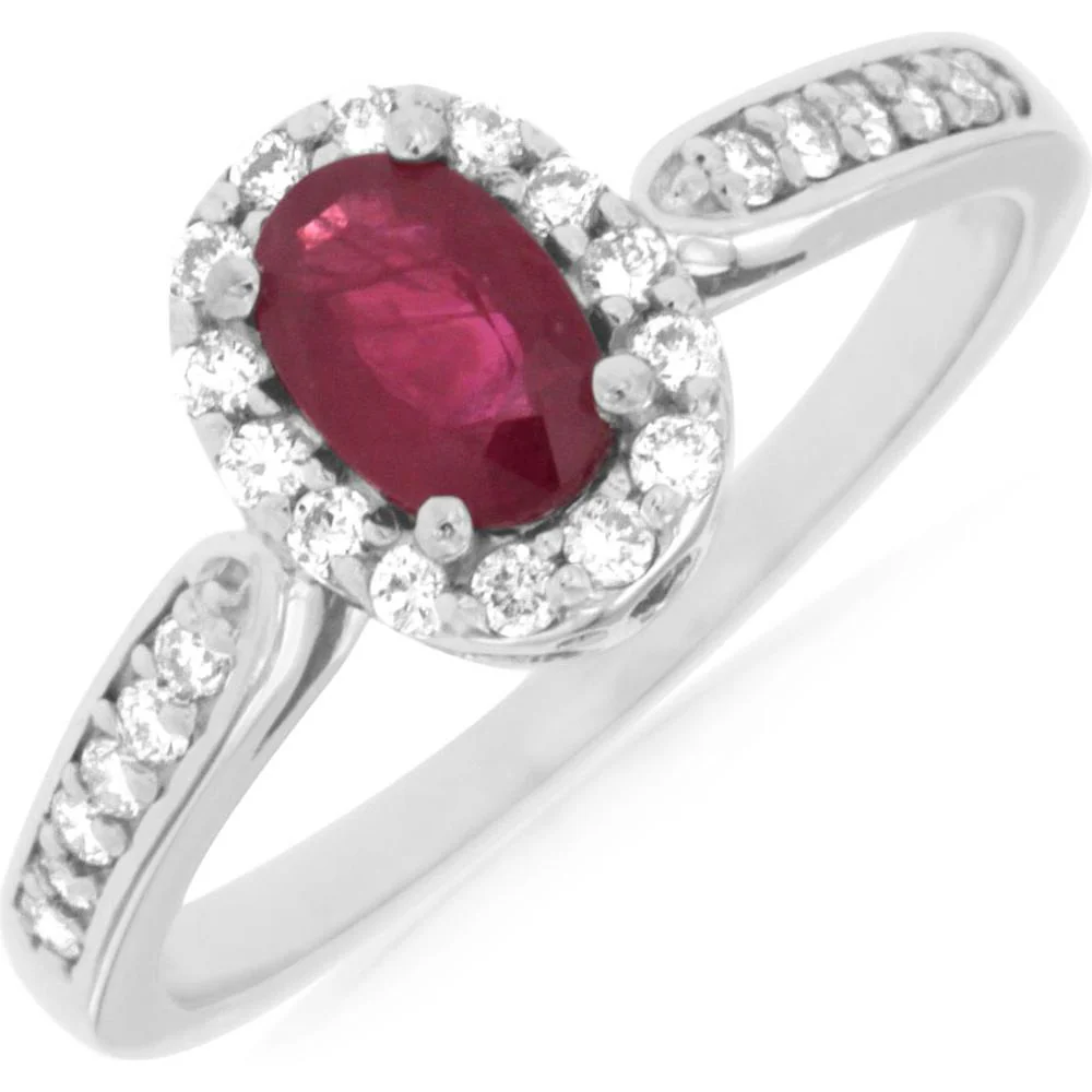 14K White Gold Ruby & Diamond Halo Ring - 0.56 Carats Ruby, 0.26 Carats Diamond Total Weight - Royal Jewelry