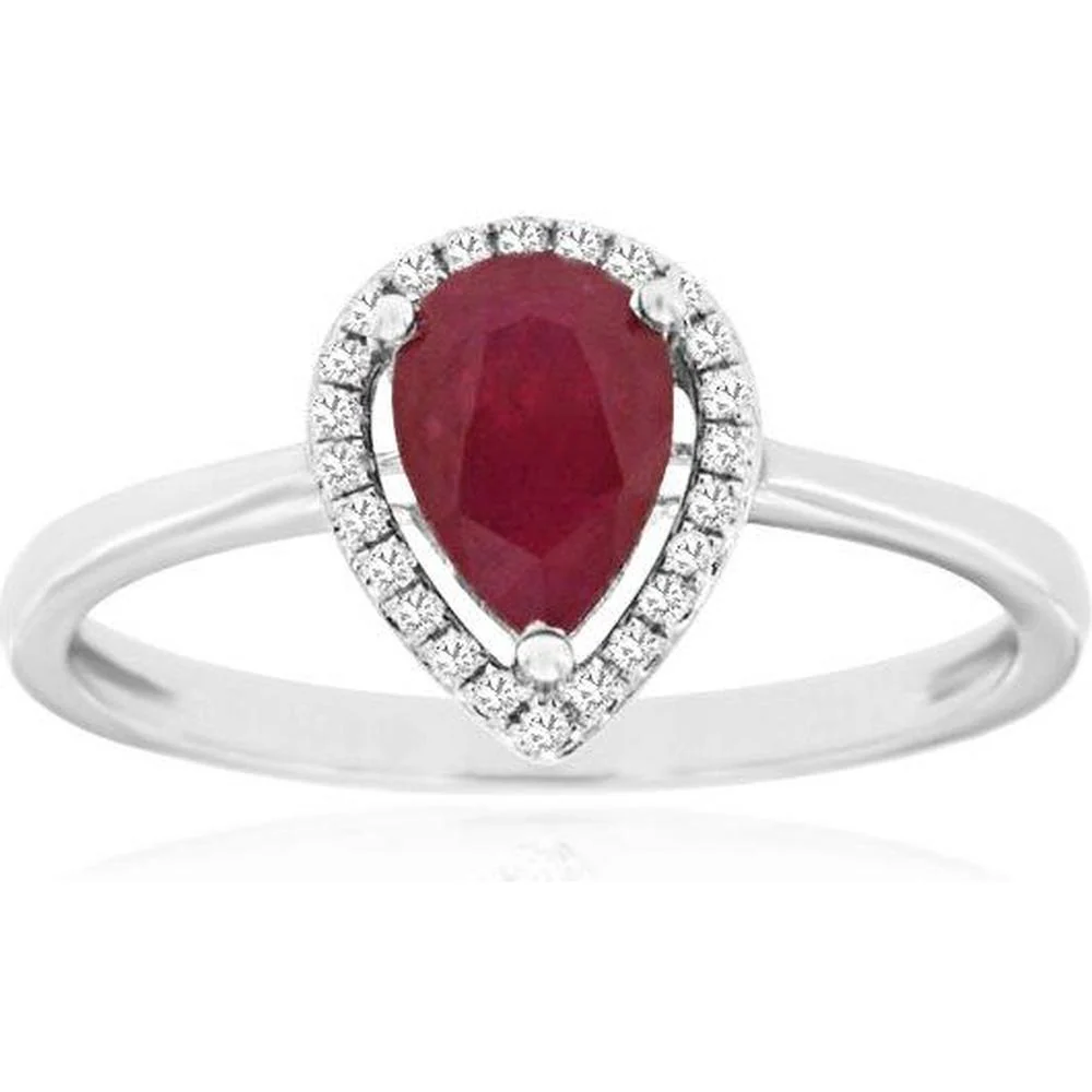 14K White Gold Ruby & Diamond Halo Ring - 0.75 Carats Ruby, 0.08 Carats Total Diamond Weight - Royal Jewelry