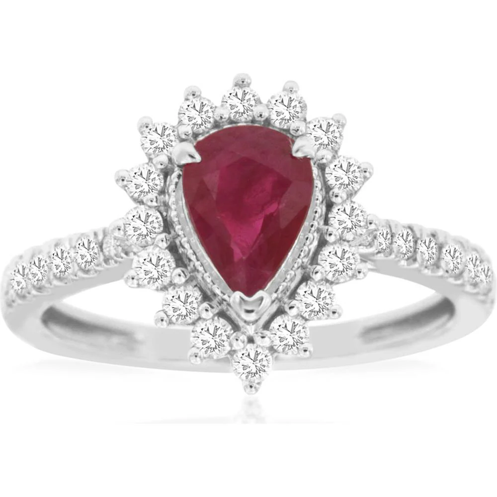 14K White Gold Ruby and Diamond Halo Ring - 1.25 Carats Total Ruby and Diamond Weight - Royal Jewelry