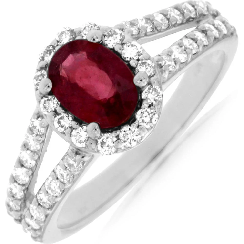 14K White Gold Ruby & Diamond Halo Ring - 1.55 Carats Total Weight - Royal Jewelry