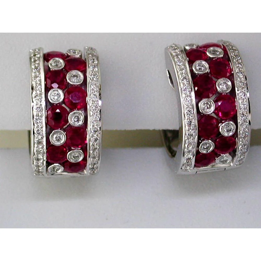14K White Gold Ruby & Diamond Huggie Earrings - 1.45 Carats Total Ruby & Diamond Weight - Royal Jewelry