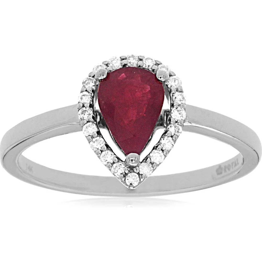 14K White Gold Ruby and Diamond Pear-Shaped Halo Ring - 0.75 Carats Ruby, 0.12 Carats Total Diamond Weight - Royal Jewelry