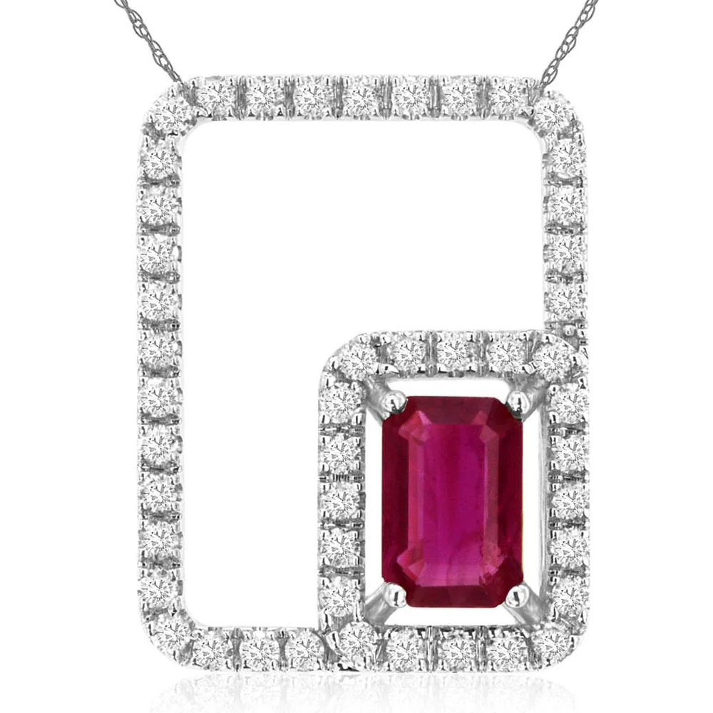 14K White Gold Ruby & Diamond Pendant with Emerald Cut Ruby - 0.63 Carats Ruby, 0.33 Carats Diamond Total Weight - Royal Jewelry