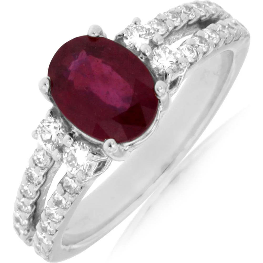 14K White Gold Ruby & Diamond Ring with Oval Ruby - 1.25 Carats Ruby & 0.65 Carats Diamond Total Weight - Royal Jewelry