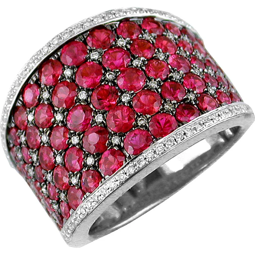 14K White Gold Ruby and Diamond Ring with Round Cut Stones - 4.22 Carats Total Gem Weight - Royal Jewelry