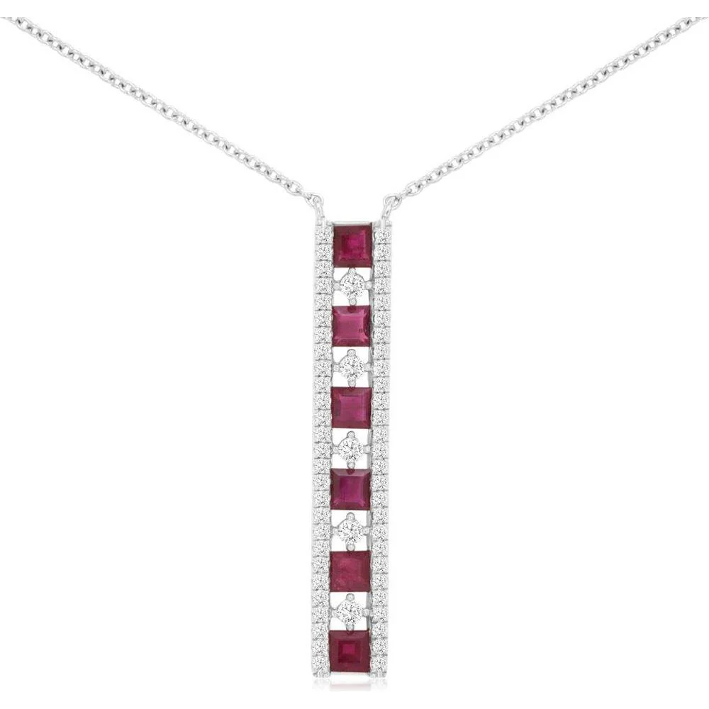 14K White Gold Ruby and Diamond Vertical Pendant Necklace with 1.20 Carat Rubies and 0.40 Carat Total Diamond Weight - Royal Jewelry