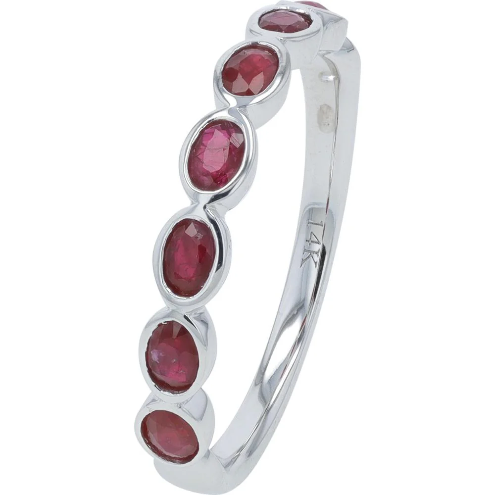 14K White Gold Ruby Band with 0.75 Carat Total Oval Rubies - Bezel Set