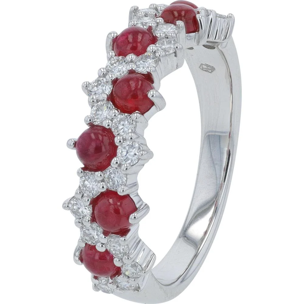14K White Gold Ruby Band with Milgrain Detailing and Diamond Accents - 1.26 Carat Total Ruby Weight, 0.51 Carat Total Diamond Weight