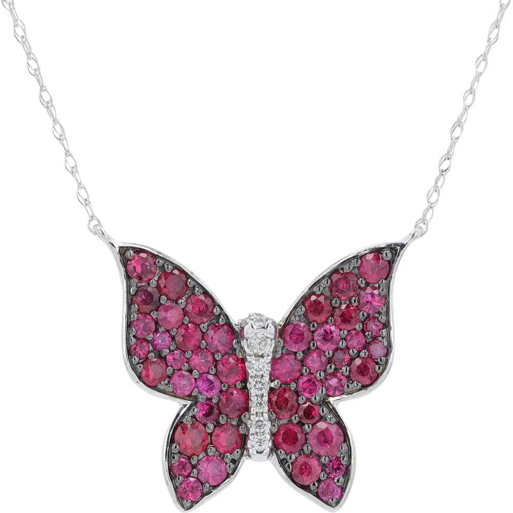 14K White Gold Ruby Butterfly Necklace with 1.50 Carat Total Rubies and 0.07 Carat Diamond Accents