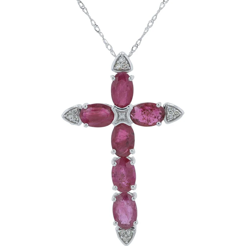 14K White Gold Ruby Cross Pendant with Diamond Accents - 3.30 Carat Total Ruby Weight