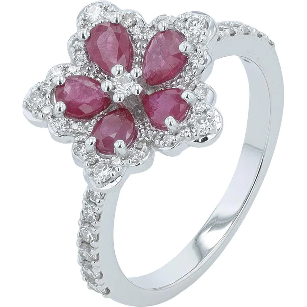 14K White Gold Ruby Flower Ring with Pavé Diamond Accents - 0.50 - 0.75 Carat Ruby, 0.60 Carat Diamonds
