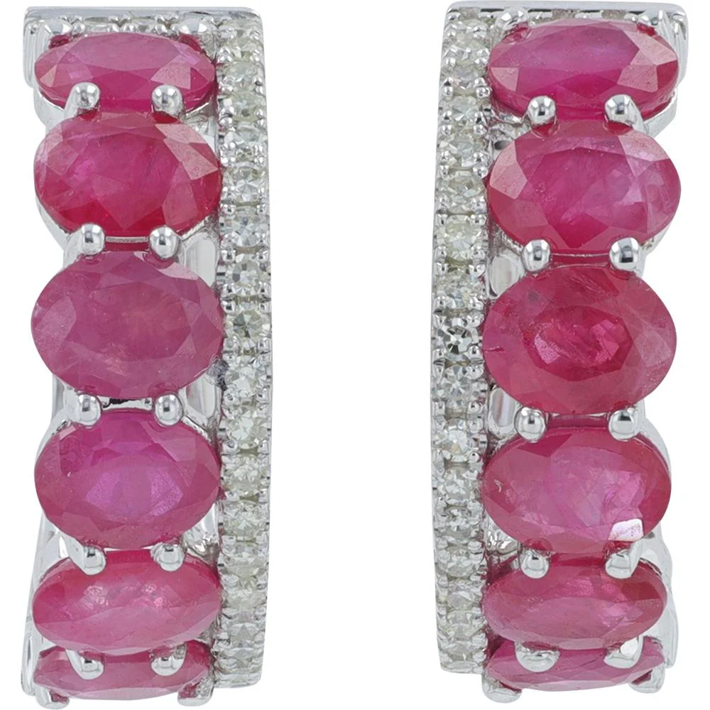 14K White Gold Ruby Hoop Earrings with Prong Set Diamonds - 2.50 Carat Total Ruby Weight, 0.25 Carat Total Diamond Weight - Image 2