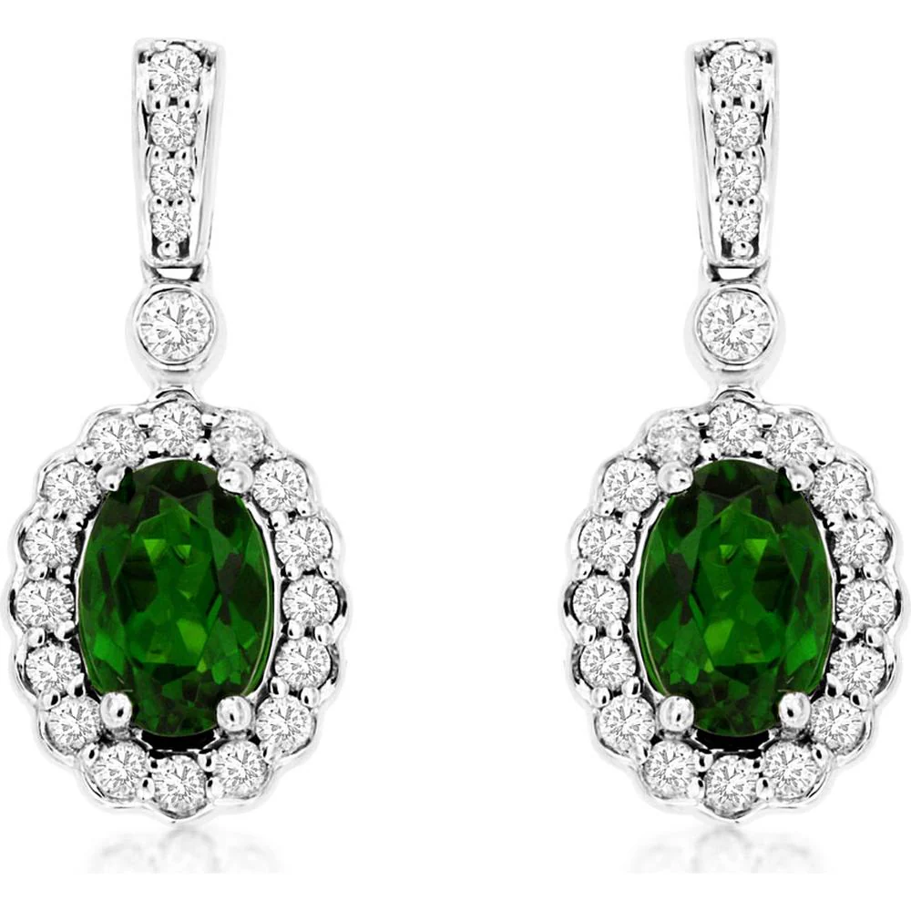 14K White Gold Russalite and Diamond Halo Drop Earrings - 0.90 Carat Total Russalite Weight, 0.33 Carat Total Diamond Weight - Royal Jewelry