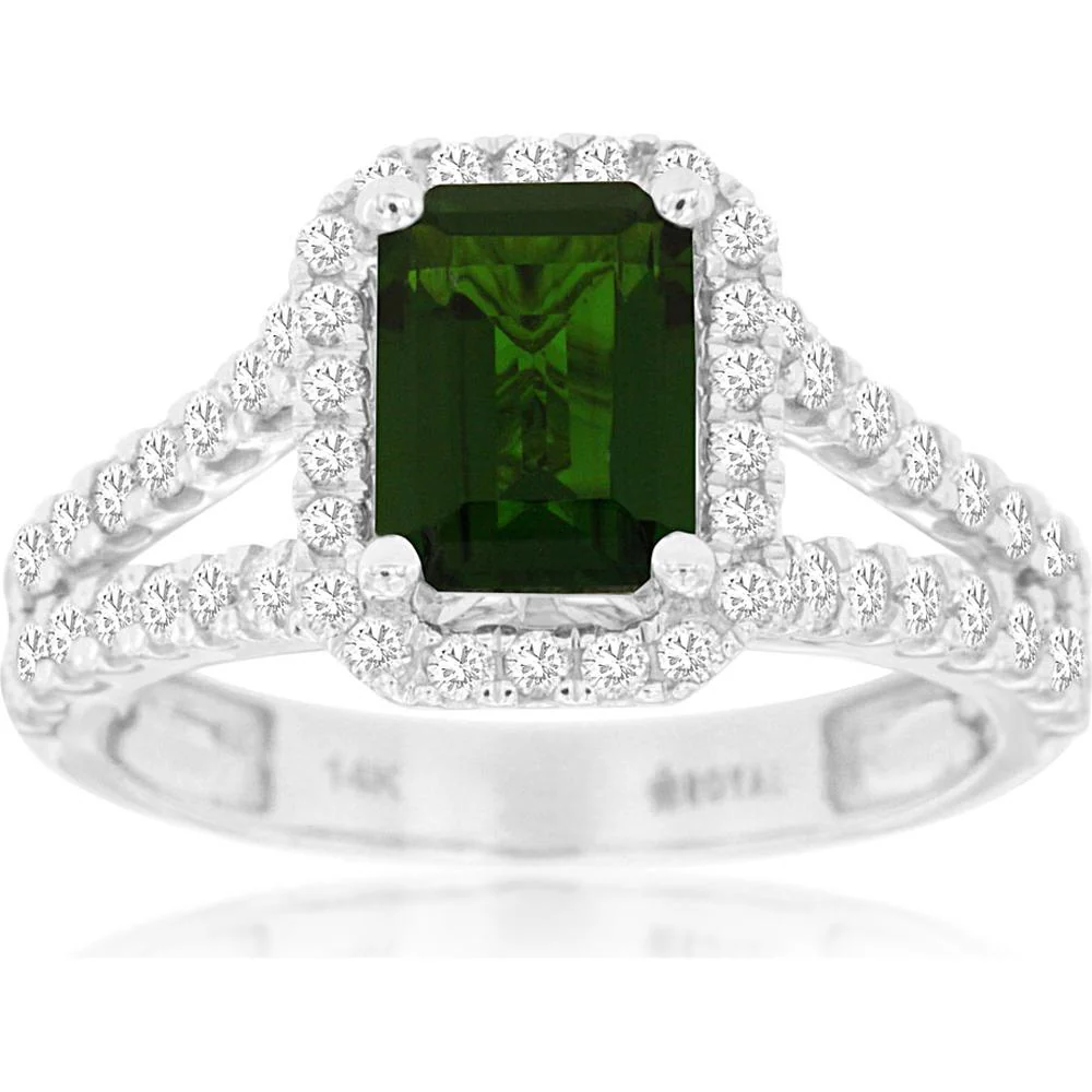 14K White Gold Russalite and Diamond Halo Ring - Emerald Cut 1.60 Carat Russalite with 0.71 Carat Total Diamond Weight - Royal Jewelry