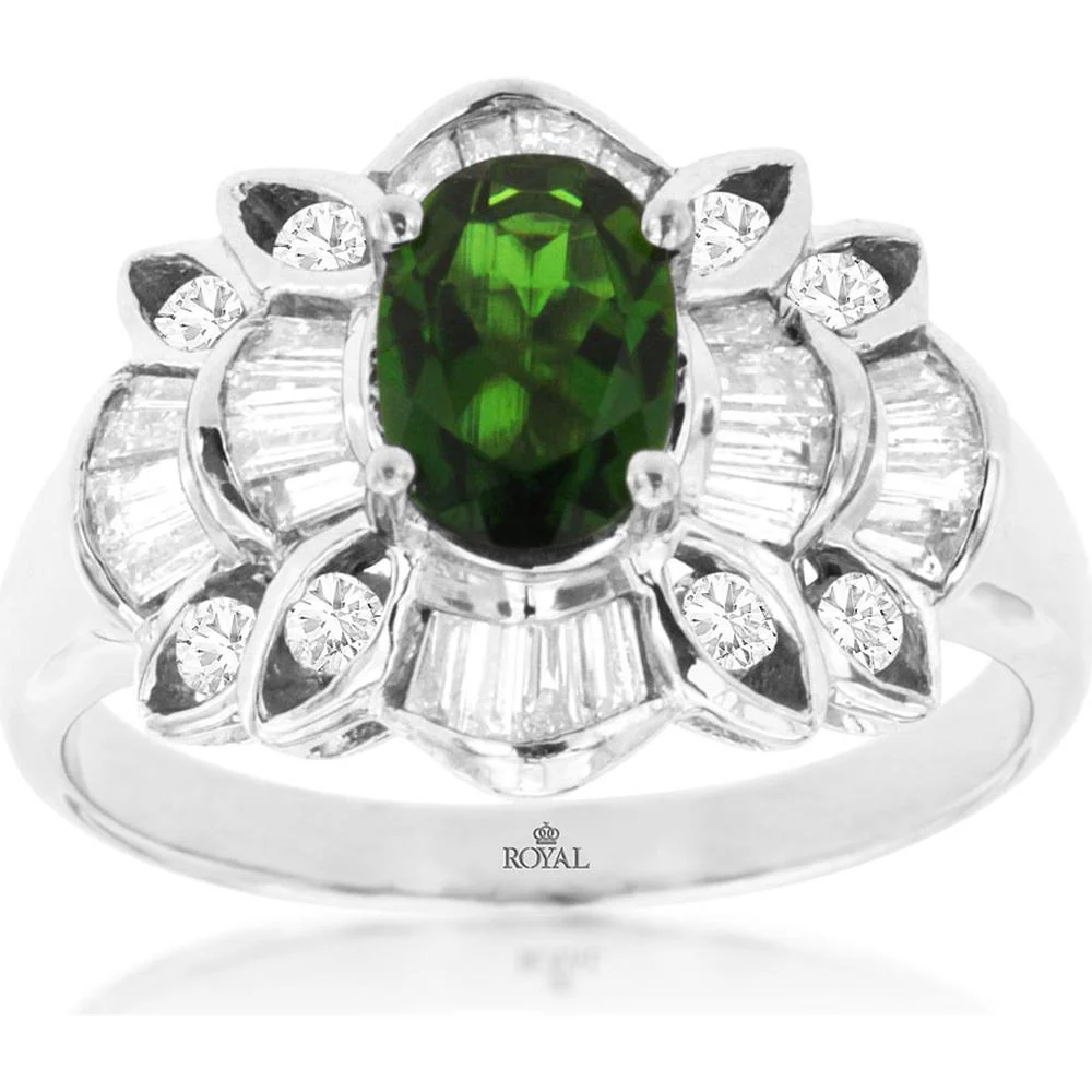 14K White Gold Russalite & Diamond Oval Halo Ring - 1.72 Carats Total Gem Weight - Royal Jewelry