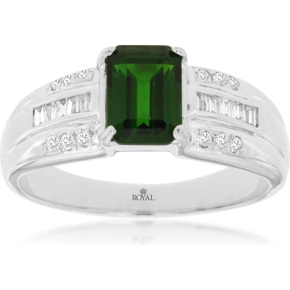 14K White Gold Russalite & Diamond Ring with Emerald Cut Green Russalite - 1.26 Carats Total Weight - Royal Jewelry