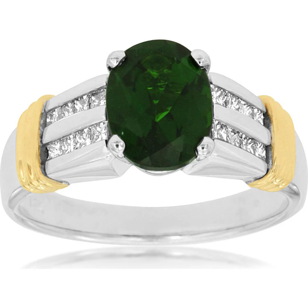 14K White Gold Russalite & Diamond Ring with Oval Green Russalite - 2.00 Carats Total Weight - Royal Jewelry