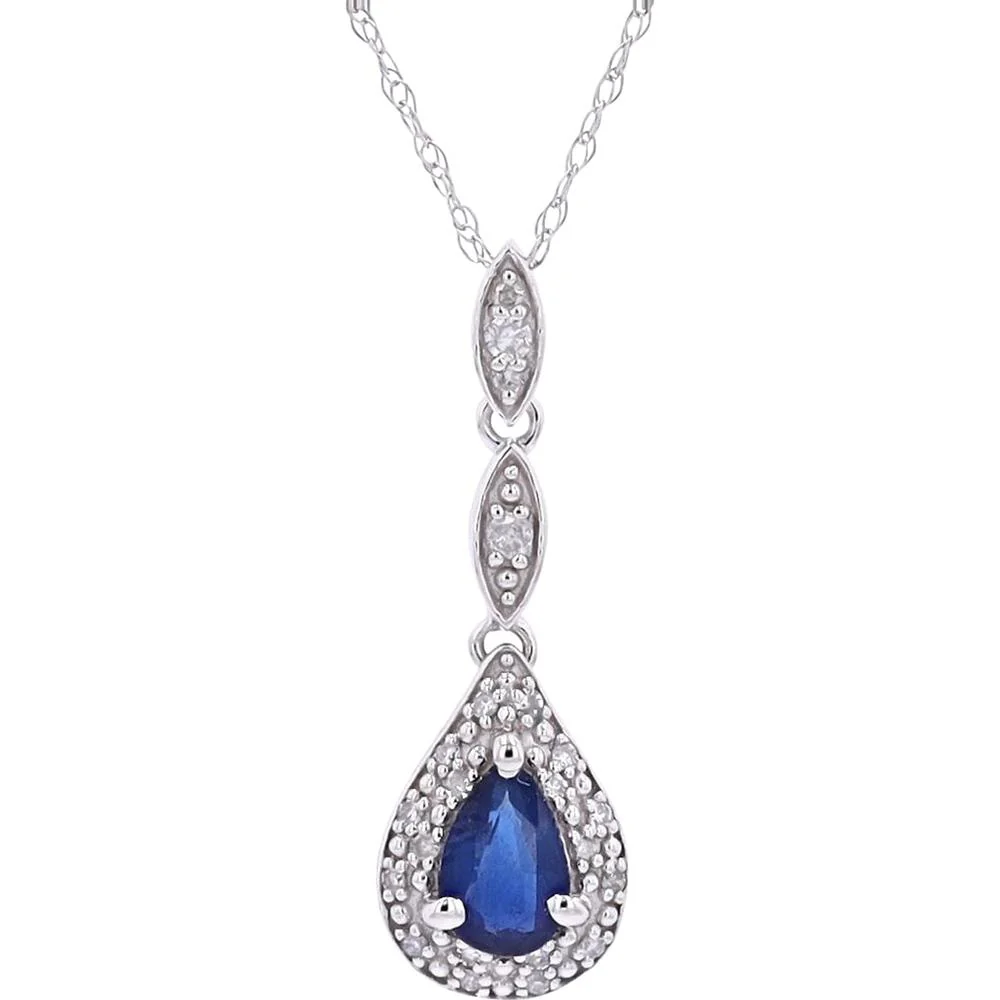 14K White Gold Sapphire and 0.09 Carat Diamond Drop Pendant Necklace - Elegant Marquise Accents