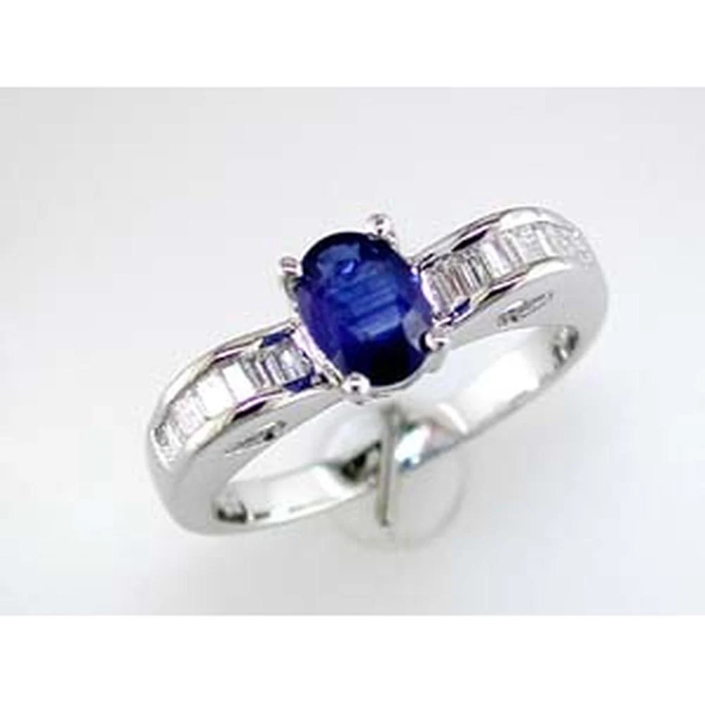 14K White Gold Sapphire & Baguette Diamond Ring - 1.30 Carats Total Gem Weight - Royal Jewelry