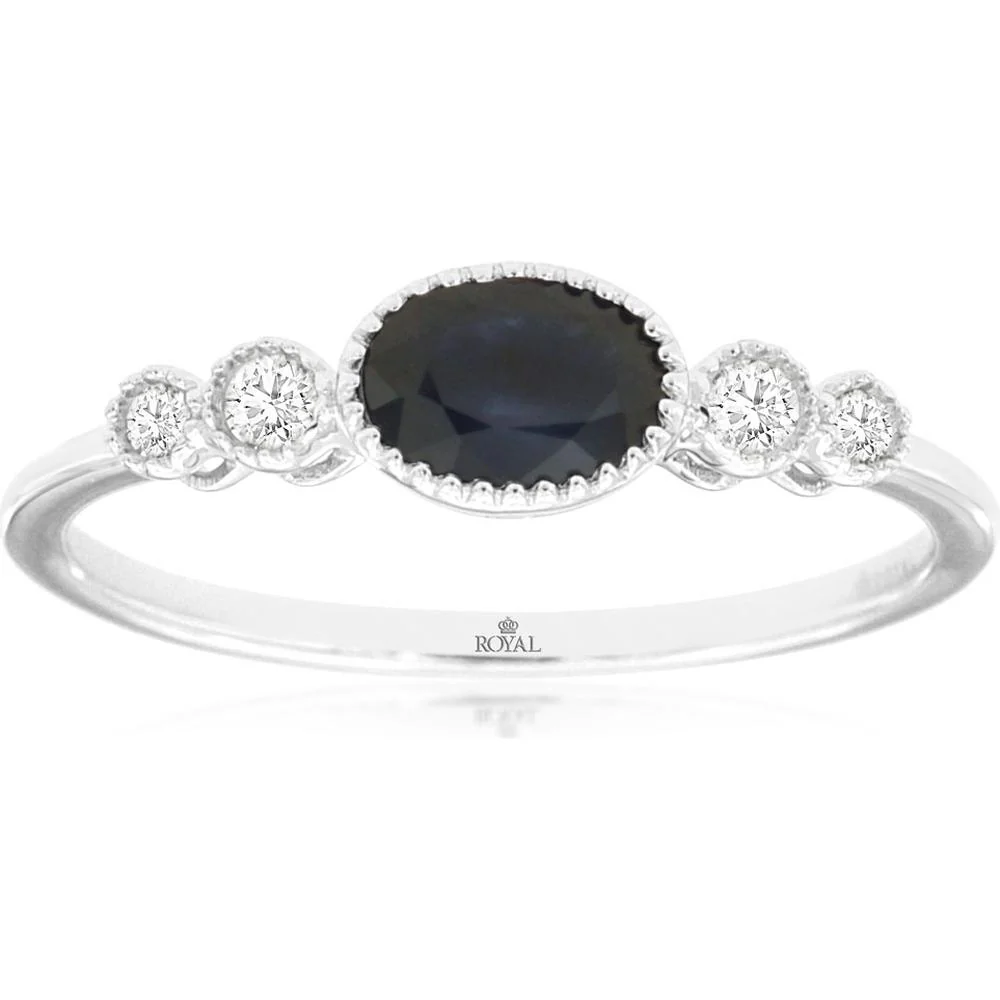 14K White Gold Sapphire & Diamond 3-Stone Ring - 0.65 Carats Sapphire, 0.18 Carats Total Diamond Weight - Royal Jewelry