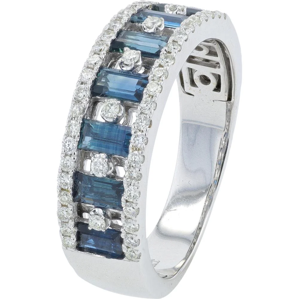 14K White Gold Sapphire and Diamond Band Ring - 0.80 Carat Total Sapphire, 0.34 Carat Total Diamond