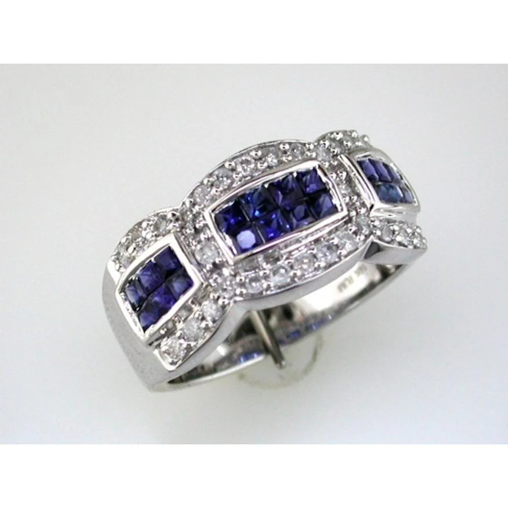 14K White Gold Sapphire and Diamond Band Ring with Princess Cut Sapphires and Round Diamonds - 1.2 Carats Total Gem Weight - Royal Jewelry