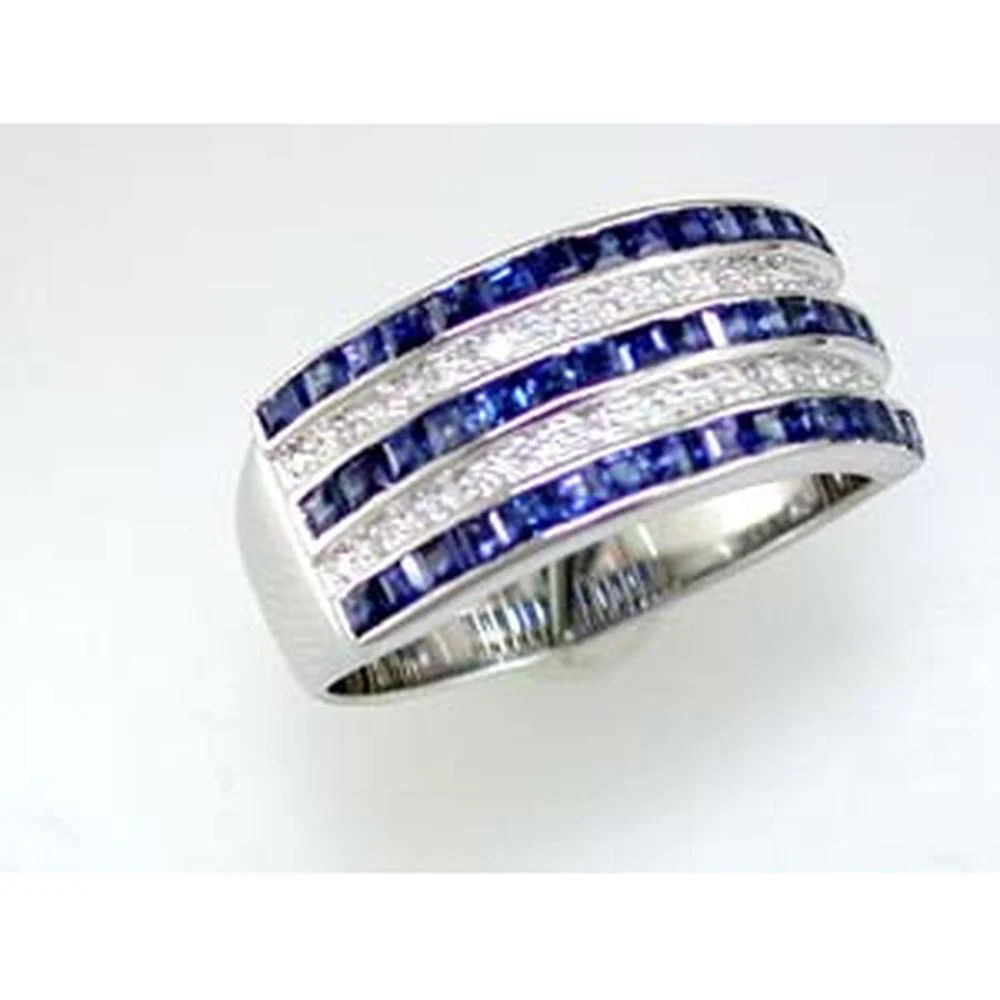 14K White Gold Sapphire & Diamond Band Ring with Princess-Cut Sapphires and Round Diamonds - 1.42 Carats Total Gem Weight - Royal Jewelry