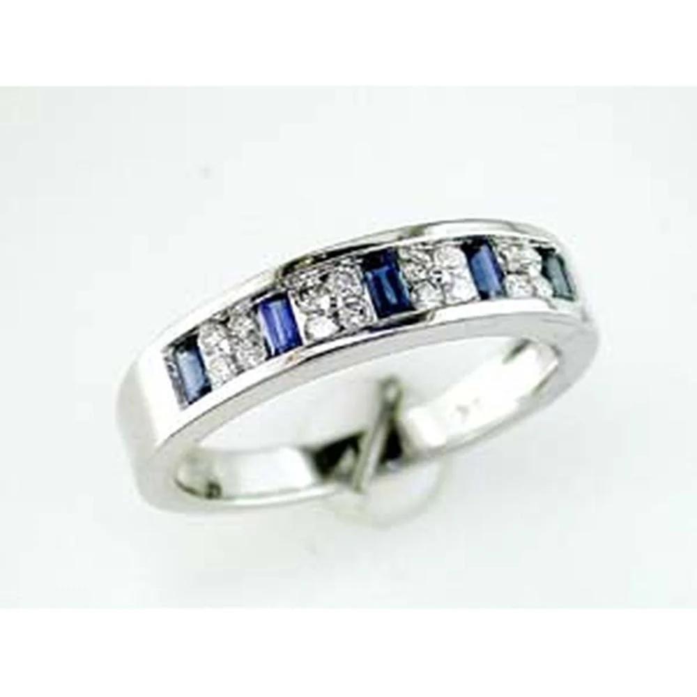 14K White Gold Sapphire & Diamond Band with Baguette Sapphires and Round Diamonds - 0.50 Carats Total Gemstone Weight - Royal Jewelry