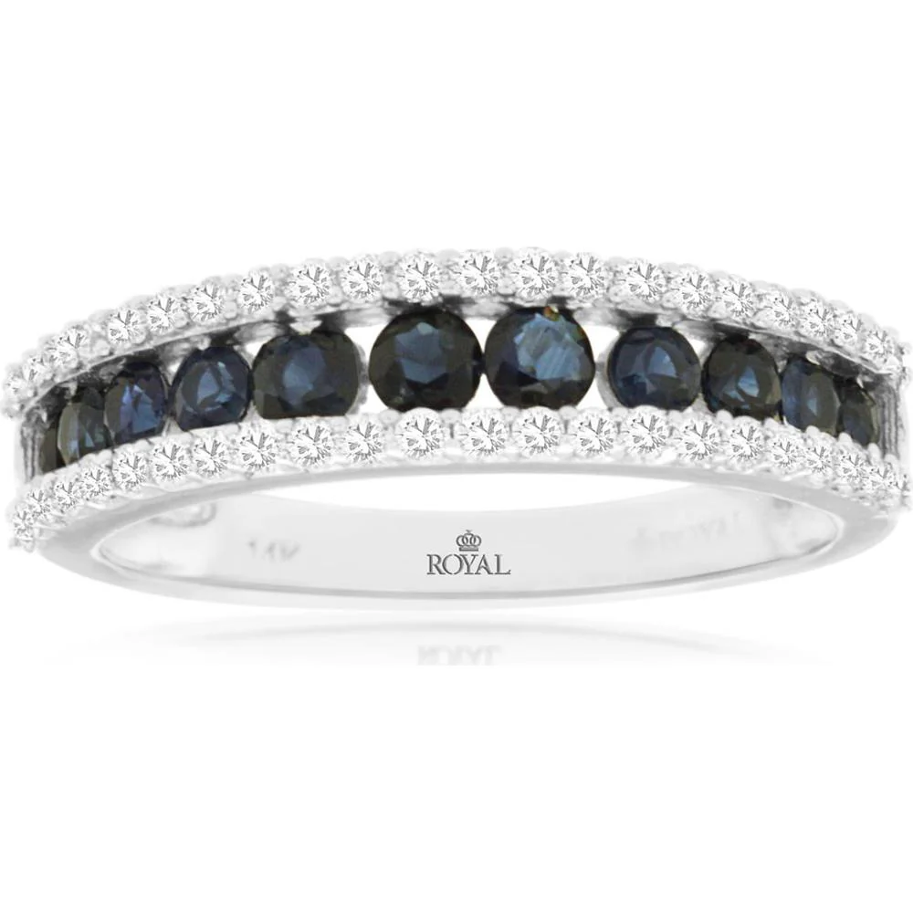 14K White Gold Sapphire and Diamond Band with Channel Set Round Sapphires and Milgrain Detail - 0.90 Carat Sapphire Total Weight, 0.38 Carat Diamond Total Weight - Royal Jewelry