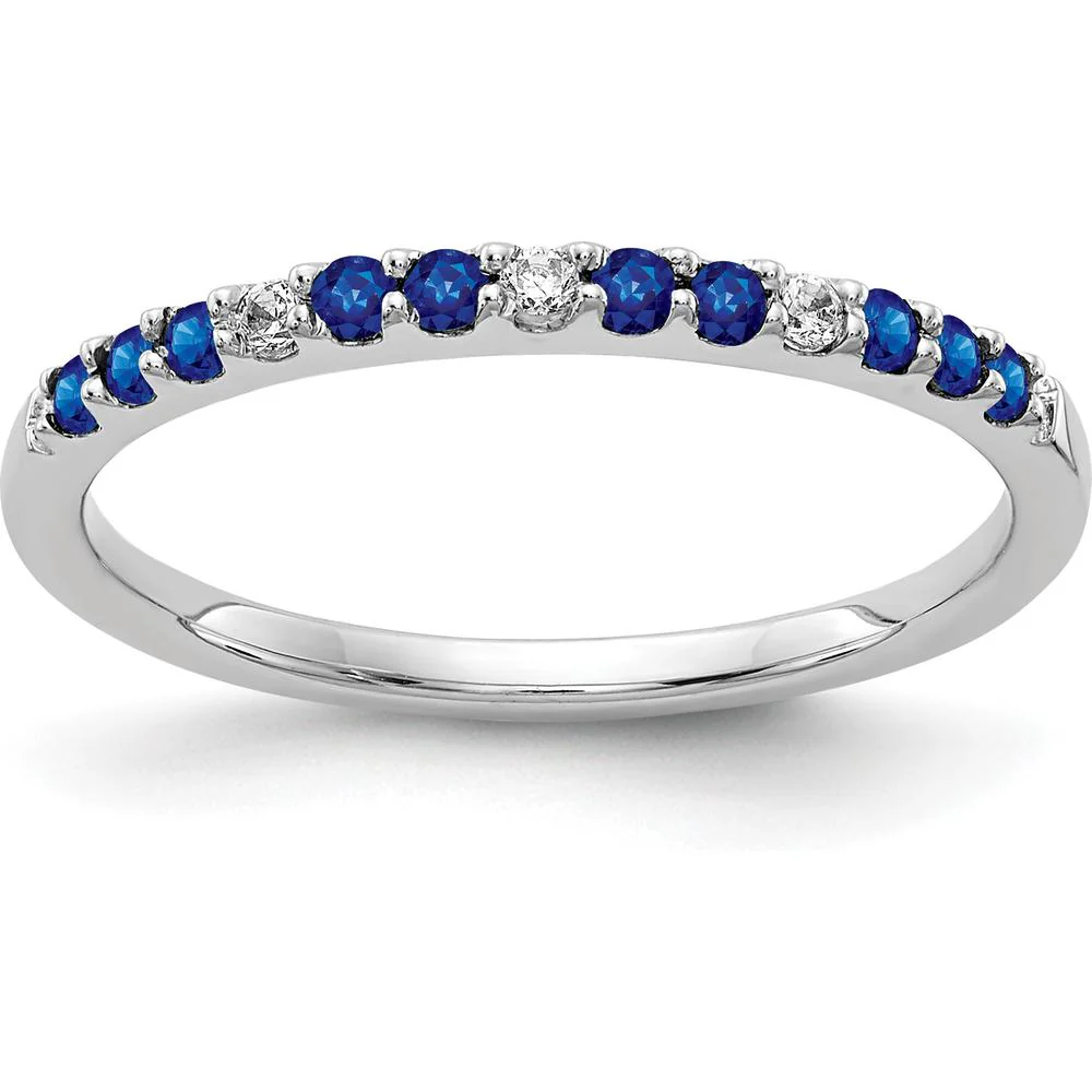 14K White Gold Sapphire and Diamond Band with Round Diamonds and Blue Sapphires - 0.15 Carat Total Diamond Weight, 0.15 Carat Total Sapphire Weight - Size 7 by Monteluci Fine Jewelry