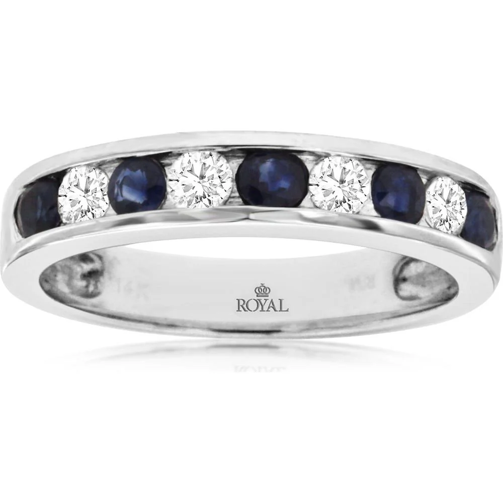14K White Gold Sapphire & Diamond Band with Round Stones - 0.79 Carats Total Gemstone Weight - Royal Jewelry