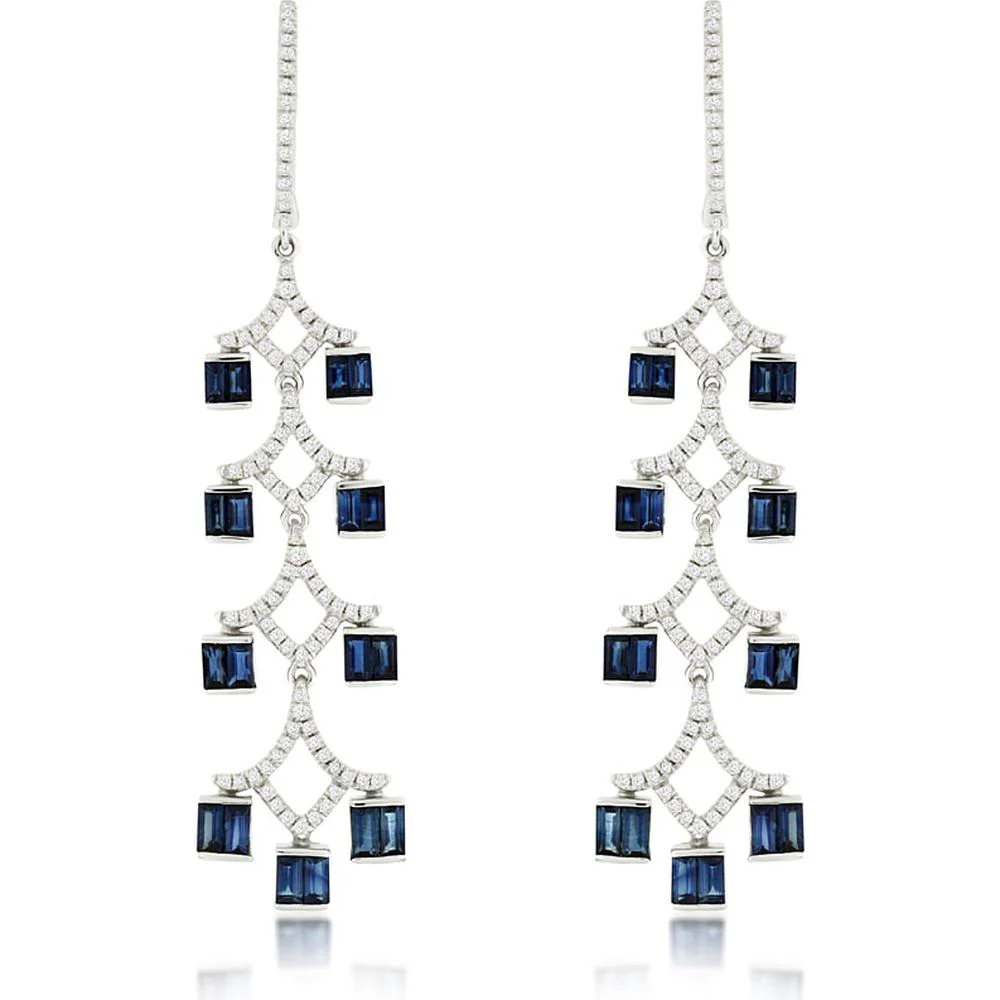 14K White Gold Sapphire and Diamond Drop Earrings with Baguette Sapphires - 2.15 Carats Total Sapphire Weight - Royal Jewelry