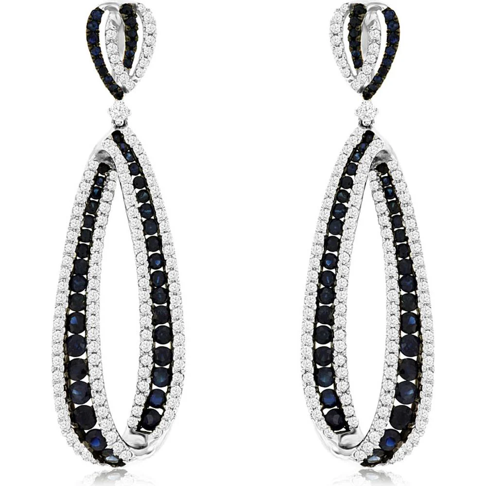 14K White Gold Sapphire and Diamond Drop Earrings with Pavé Set Round Cut Stones - 3.50 Carat Sapphire and 1.95 Carat Diamond Total Weight - Royal Jewelry