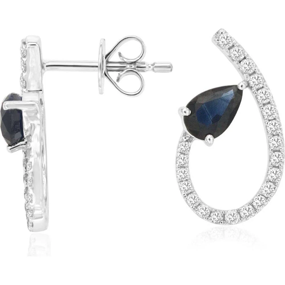14K White Gold Sapphire & Diamond Earrings - 1 Carat Sapphire, 0.33 Carat Diamond Total Weight - Royal Jewelry