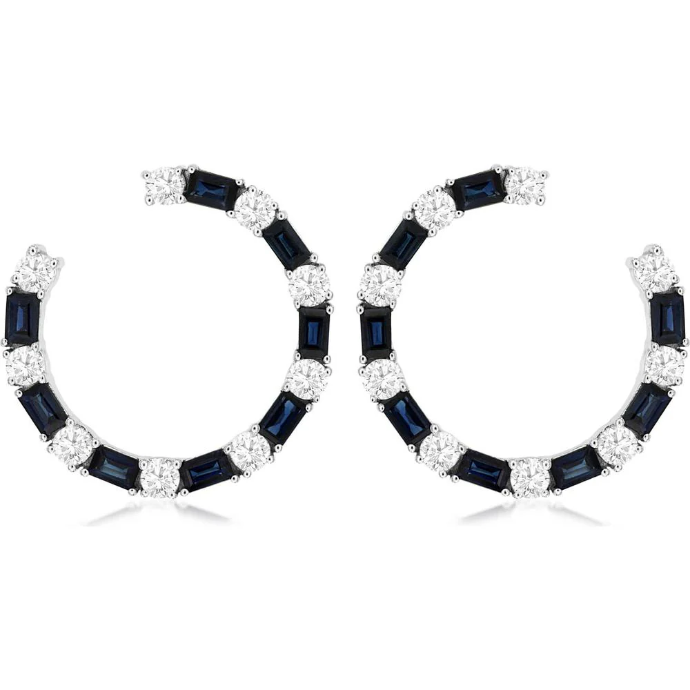 14K White Gold Sapphire and Diamond Earrings with Baguette and Round Diamonds - 3.40 Carats Total Gem Weight - Royal Jewelry