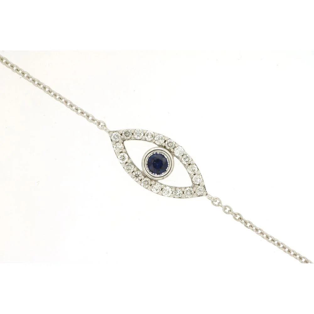 14K White Gold Sapphire and Diamond Eye Motif Bracelet with Round Sapphire Center and Diamond Accent Frame - 0.14 Carat Sapphire Weight and 0.23 Carat Total Diamond Weight - Royal Jewelry