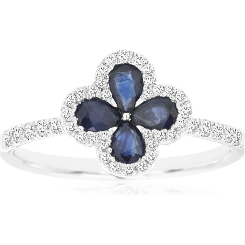 14K White Gold Sapphire and Diamond Flower Ring with 0.88 Carats Sapphire and 0.25 Carats Total Diamond Weight - Royal Jewelry