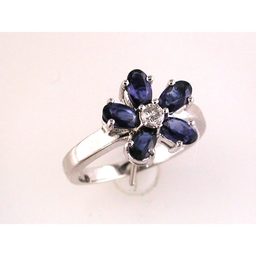 14K White Gold Sapphire & Diamond Flower Ring with Oval Sapphires and Round Diamond - 1.50 Carats Total Gem Weight - Royal Jewelry
