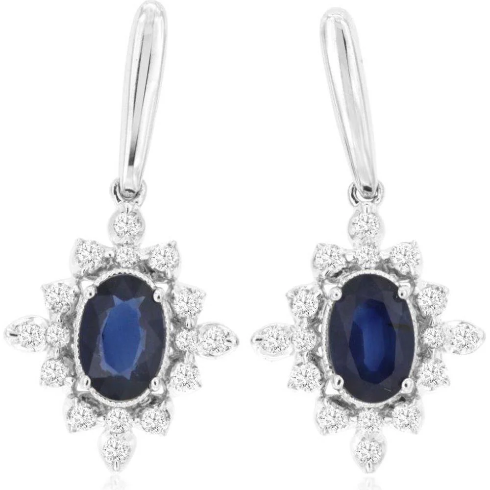 14K White Gold Sapphire and Diamond Halo Earrings - 1.30 Carats Total Sapphire Weight, 0.66 Carats Total Diamond Weight - Royal Jewelry