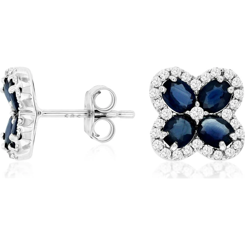 14K White Gold Sapphire & Diamond Halo Earrings - 1.80 Carats Total Sapphire Weight - Royal Jewelry