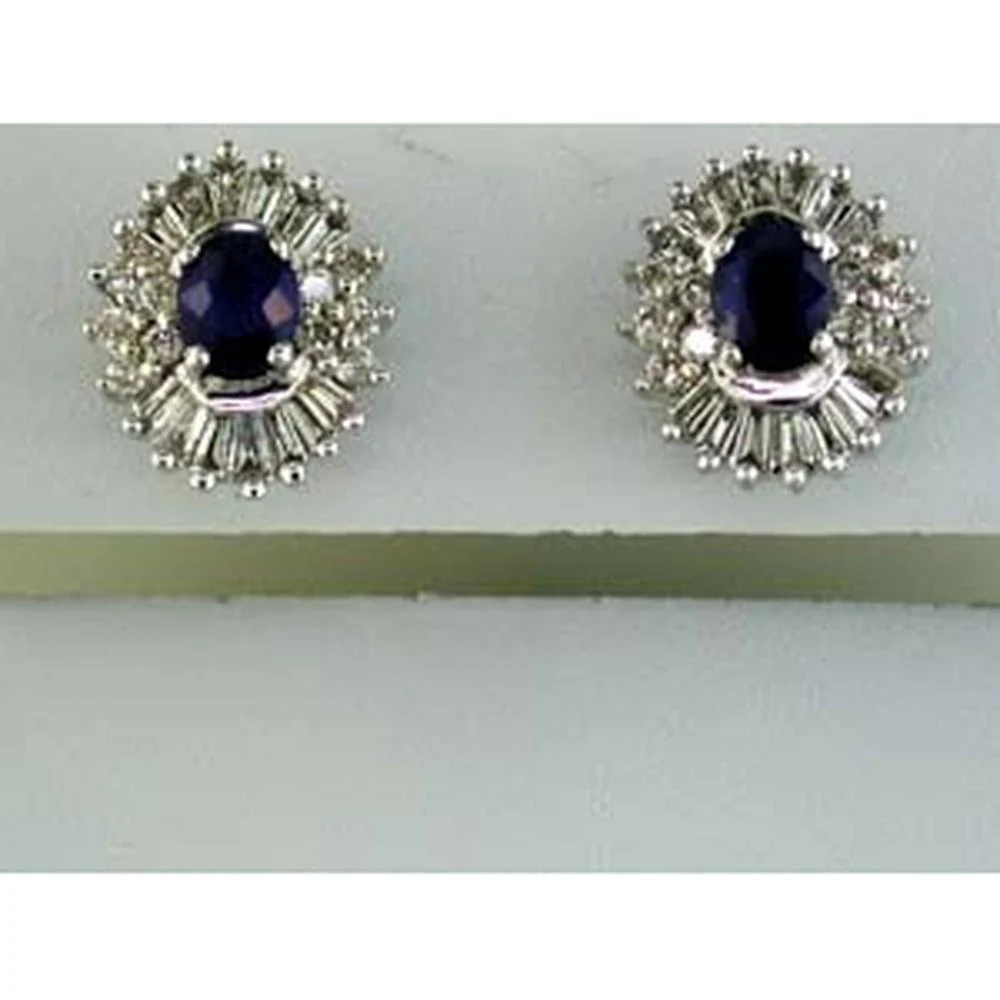 14K White Gold Sapphire and Diamond Halo Earrings with Oval Sapphire and Round & Baguette Diamonds - 1.55 Carats Total Gem Weight - Royal Jewelry